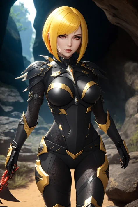 a  photo of a  [vixen|seductress] , science fiction, [(crNanosuit|War_Glam)::0.5], [power armor|armor] ,armored, wearing [(crNanosuit|War_Glam)::0.5]_breastplate, <lyco:edgNanoWarrior:0.7>, photogenic, perfect face, pretty face, red eyes, yellow hair, very short hair, flat chest, lush detail, absurdres, in a cave,