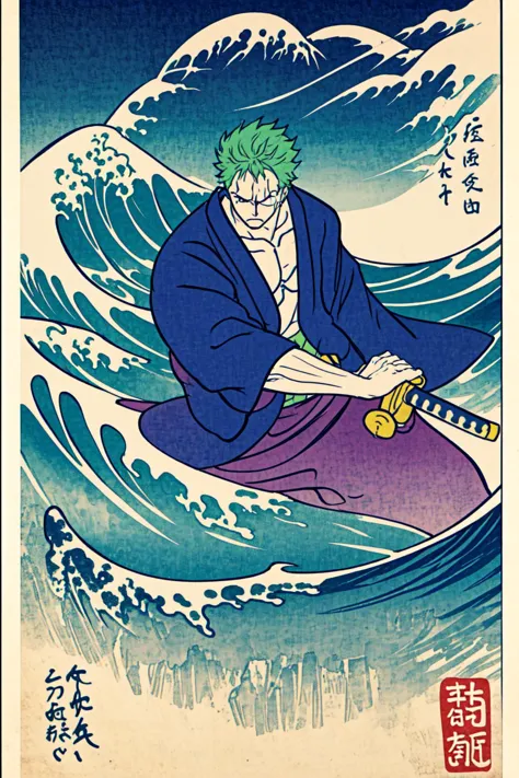 battoujutsu roronoa zoro, muscular male, scar, cicatriz en el ojo, ropa japonesa, green kimono yomama_o, nube, Ola, montaña,