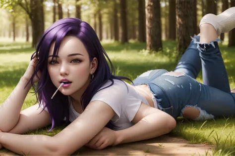 (ultra realistic, highly detailed:1.4), best quality, masterpiece
woman, laying on ground, purple hair, forest, mouth closed, happy, white shirt, blue jeans, extra arms
<lyco:multiarm-4-v2.1:0.5> ((4arm):1)