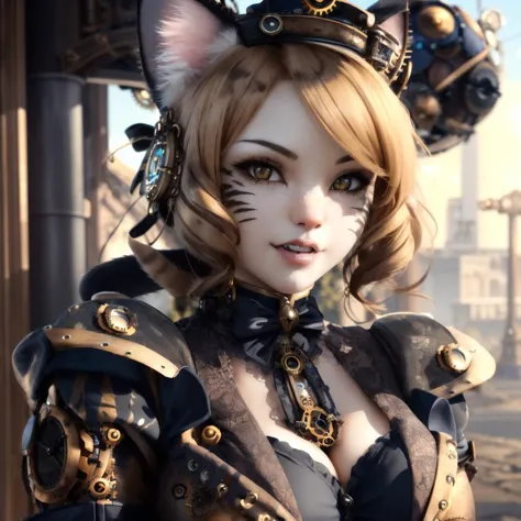 (ultra realistic, highly detailed:1.4), best quality, masterpiece, anthro, ((cat girl):1.5), fangs, blond, (steampunk:1.6)