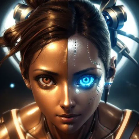 a woman with blue eyes and a futuristic look on her face