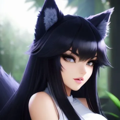 (disney pixar 3d cartoon style:1.25) (gorgeous woman:1.1) (adult age 28:1.15) wolf girl, youthful and fit, stunning seductive human face (with a big wolf snout, wolf mouth wolf nose:1.2), blue black hair covering her ears, (wolf ears on her head:1.3)  her eyes are turning lupine