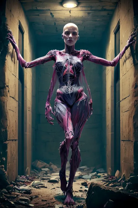 a woman in a creepy costume standing in a hallway