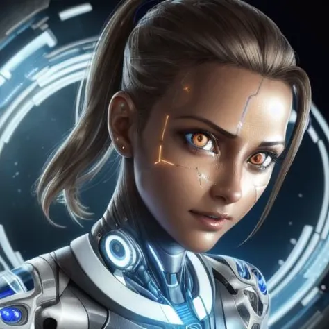 a woman in a futuristic suit with glowing eyes and a futuristic face