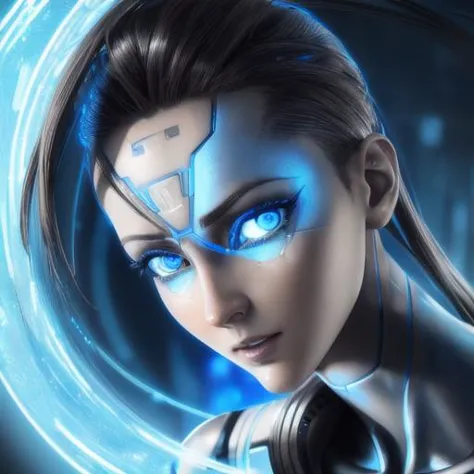 a woman with blue eyes and a futuristic look on her face