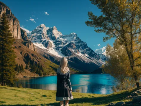 there is a woman standing in front of a lake with mountains in the background