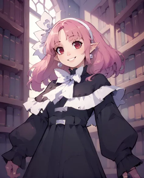 score_9,score_8_up,score_7_up,score_6_up,
witchxl,long pink hair,red eyes,
smiling,
black dress,white hairband,hair ribbon,long sleeves,earrings,
library,solo,
<lora:Witch:0.9>,