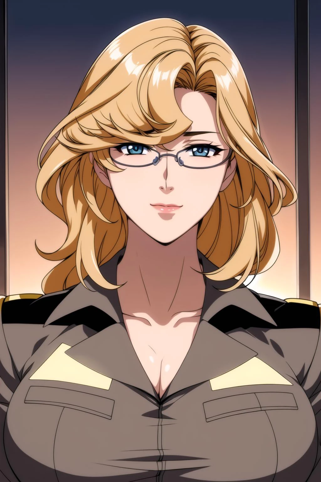 (Night:1.7), Japan, Tokyo, CityView, Before Window,
Standing at attention,
Brown_military_uniform,pantyhose, a uniform with gold trims and a collar,shirt,belt,cleavage, collarbone,
glasses,
blonde hair,blue eyes,lipstick, Bangs,long hair,
1 girl, 20yo,Young female,Beautiful Finger,Beautiful long legs,Beautiful body,Beautiful Nose,Beautiful character design, perfect eyes, perfect face,expressive eyes,perfect balance,
looking at viewer,(Focus on her face),closed mouth, (innocent_big_eyes:1.0),Light_Smile,
official art,extremely detailed CG unity 8k wallpaper, perfect lighting,Colorful, Bright_Front_face_Lighting,shiny skin,
(masterpiece:1.0),(best_quality:1.0), ultra high res,4K,ultra-detailed,
photography, 8K, HDR, highres, absurdres:1.2, Kodak portra 400, film grain, blurry background, bokeh:1.2, lens flare, (vibrant_color:1.2),professional photograph,
(Beautiful,large_Breasts:1.6), (beautiful_face:1.5),(narrow_waist),