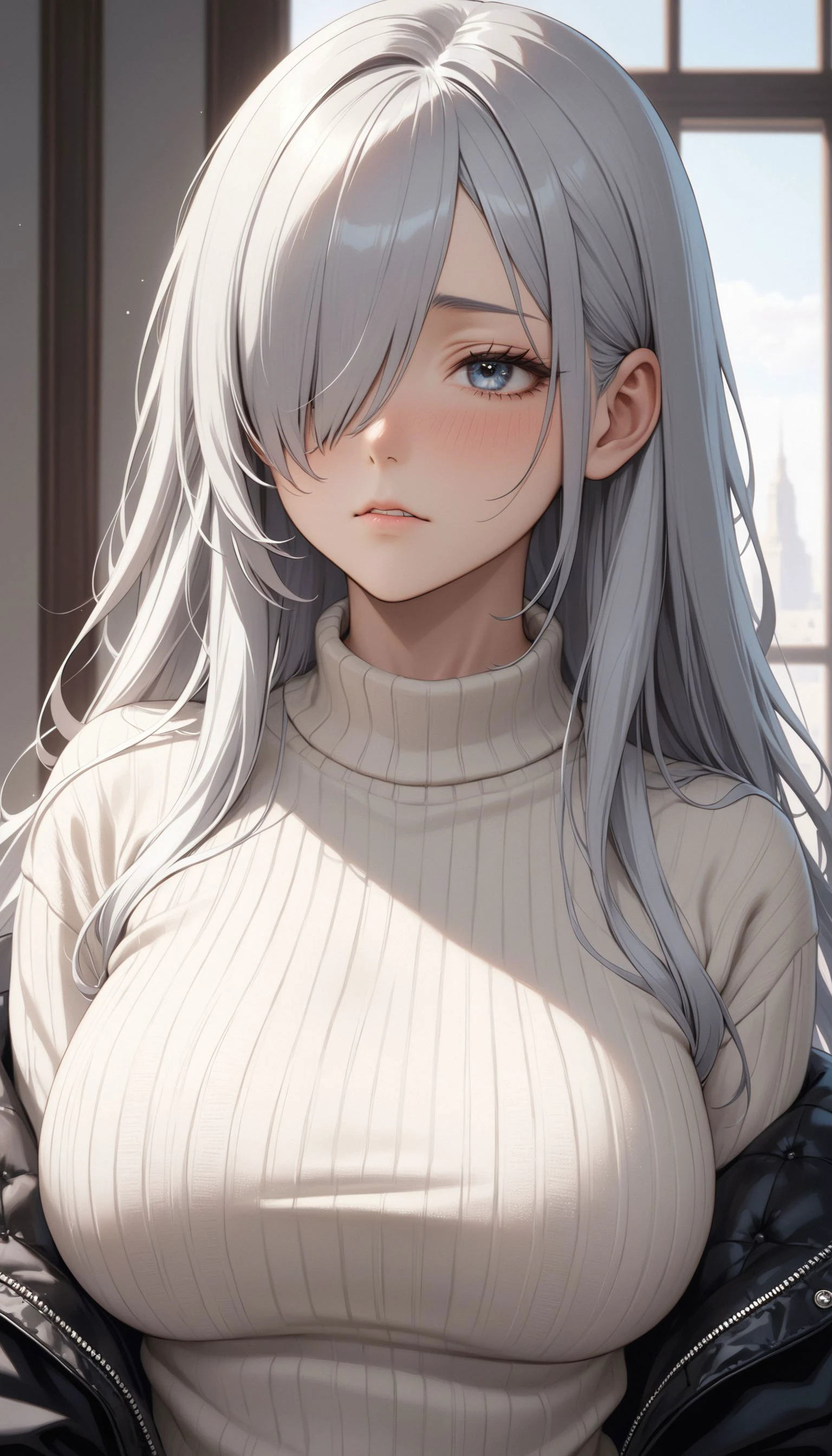 (very aesthetic, best quality, ultra detailed), intricate details,
1girl, silver hair, silver eyes, sharp jawline, sweater, long hair, hair over one eye, large breasts, shy,
