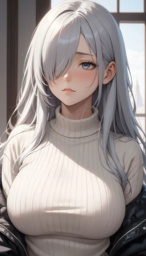 (very aesthetic, best quality, ultra detailed), intricate details,
1girl, silver hair, silver eyes, sharp jawline, sweater, long...