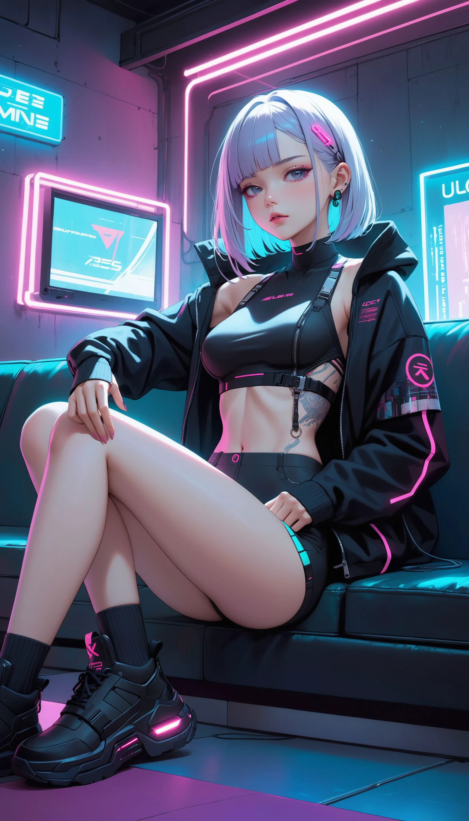 (very aesthetic, best quality, ultra detailed), intricate details,
1girl, lucy \(cyberpunk\),, cyberpunk edgerunners, couch, sitting, indoors, neon lights,
