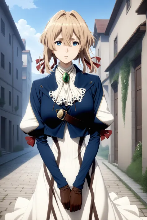 (masterpiece, best quality, very aesthetic, ultra detailed), intricate details, aave, braid, hair ribbon, red ribbon, jewelry, white ascot, brooch, blue jacket, long sleeves, brown gloves, white dress, long dress, <lora:violet_evergarden_XL_v1(anima):0.9>, standing, cowboy shot, outdoors