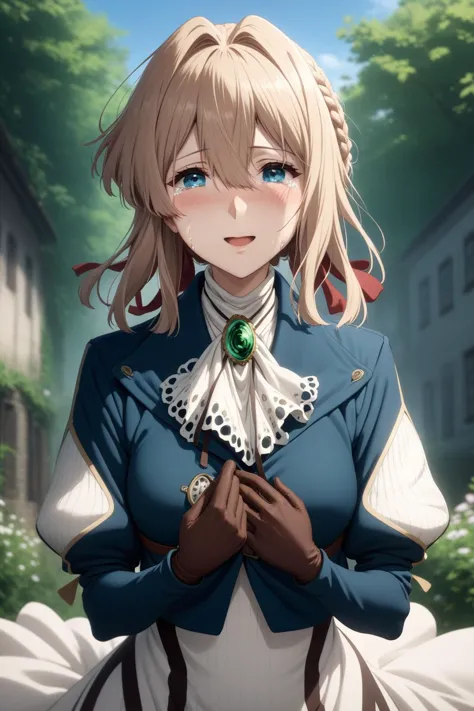 masterpiece, best quality, very aesthetic, absurdres, aave, braid, hair ribbon, red ribbon, jewelry, white ascot, brooch, blue jacket, long sleeves, brown gloves, white dress, long dress, violet evergarden, <lora:violet_evergarden_XL_v1(anima):0.9>, upper body, outdoors, tears, smile, open mouth, looking at viewer, blush