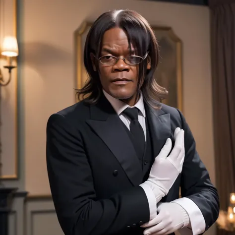 Samuel Jackson,Generate a realistic image of a male butler with long hair covering his eyes, wearing formal attire and gloves, and glasses. He is extending his hand towards the camera in an inviting gesture with his palm facing upwards. <lora:yareayare:0.65>