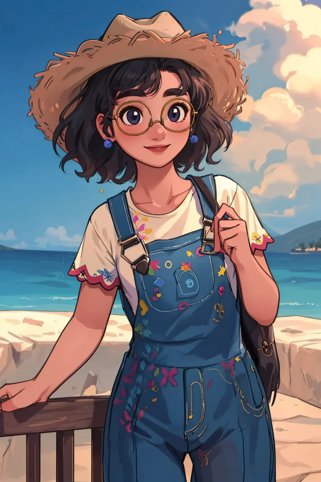 (masterpiece, best quality, high resolution:1.4), 1girl, mirabel madrigal, overalls, t-shirt, cowboy hat, glasses, smile, looking at viewer, 