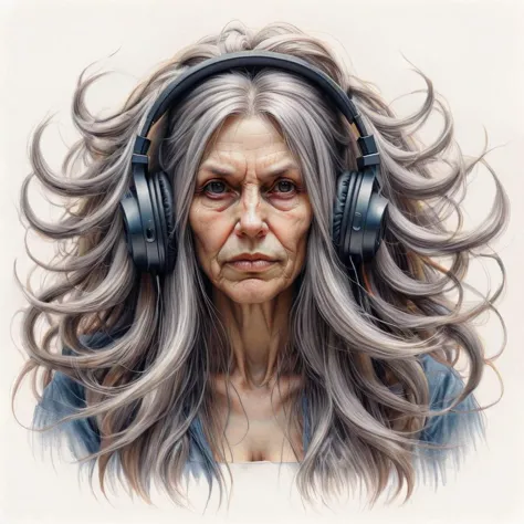 a painting of a woman with headphones on her head