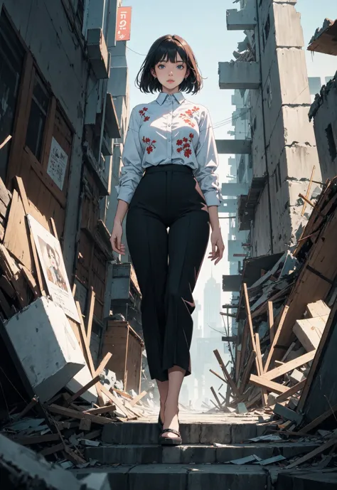 a woman standing on a staircase in a city with a lot of rubble