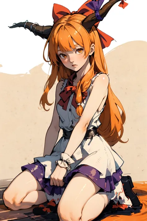 high quality:1.3 , whole-body, on one knee, <lora:Ibuki_Suika_Touhou:.8>  Ibuki_Suika_Touhou,  horns, ibuki suika, 1girl, long hair, solo, bow, hair bow, horn ornament, ribbon, horn ribbon, orange hair, shirt, sleeveless, red bow, sleeveless shirt, afraid