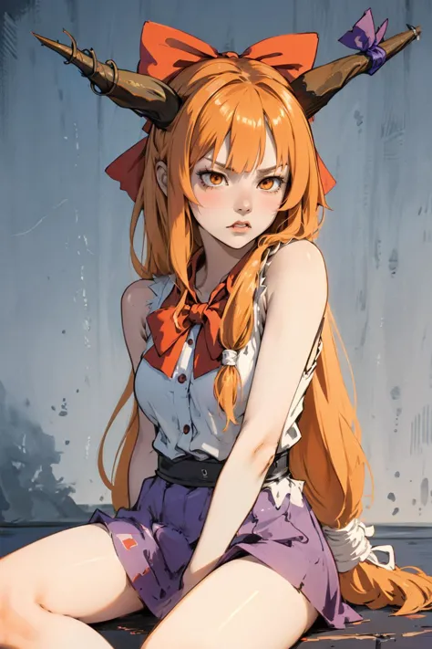 high quality:1.3 , modelshoot, thigh straddling, <lora:Ibuki_Suika_Touhou:.8>  Ibuki_Suika_Touhou,  horns, ibuki suika, 1girl, long hair, solo, bow, hair bow, horn ornament, ribbon, horn ribbon, orange hair, shirt, sleeveless, red bow, sleeveless shirt, an...