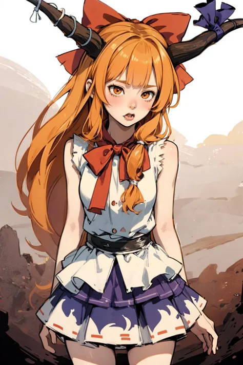 high quality:1.3 , editorial, standing, <lora:Ibuki_Suika_Touhou:.8>  Ibuki_Suika_Touhou,  horns, ibuki suika, 1girl, long hair, solo, bow, hair bow, horn ornament, ribbon, horn ribbon, orange hair, shirt, sleeveless, red bow, sleeveless shirt, disgusted