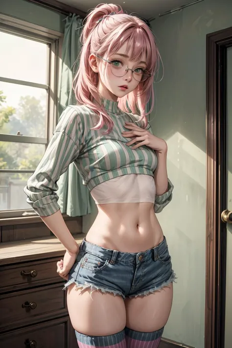 (masterpiece, best quality), 1girl, small breasts, small hips, green eyes, pink hair, crop top, denim shorts, bedroom, striped thighhighs, pervert, petite, glasses, <lora:add_detail:1>,