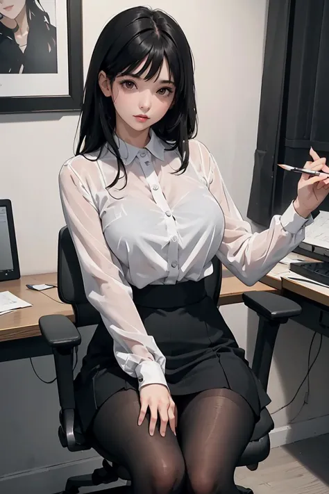 (masterpiece, best quality), a young black haired girl office secretary dressed in a transparent white blouse and black office skirt and black pantyhose ,sitting in an office chair, holding pencil, (detailed skin:1.3),(detailed eyes), (sharp focus),