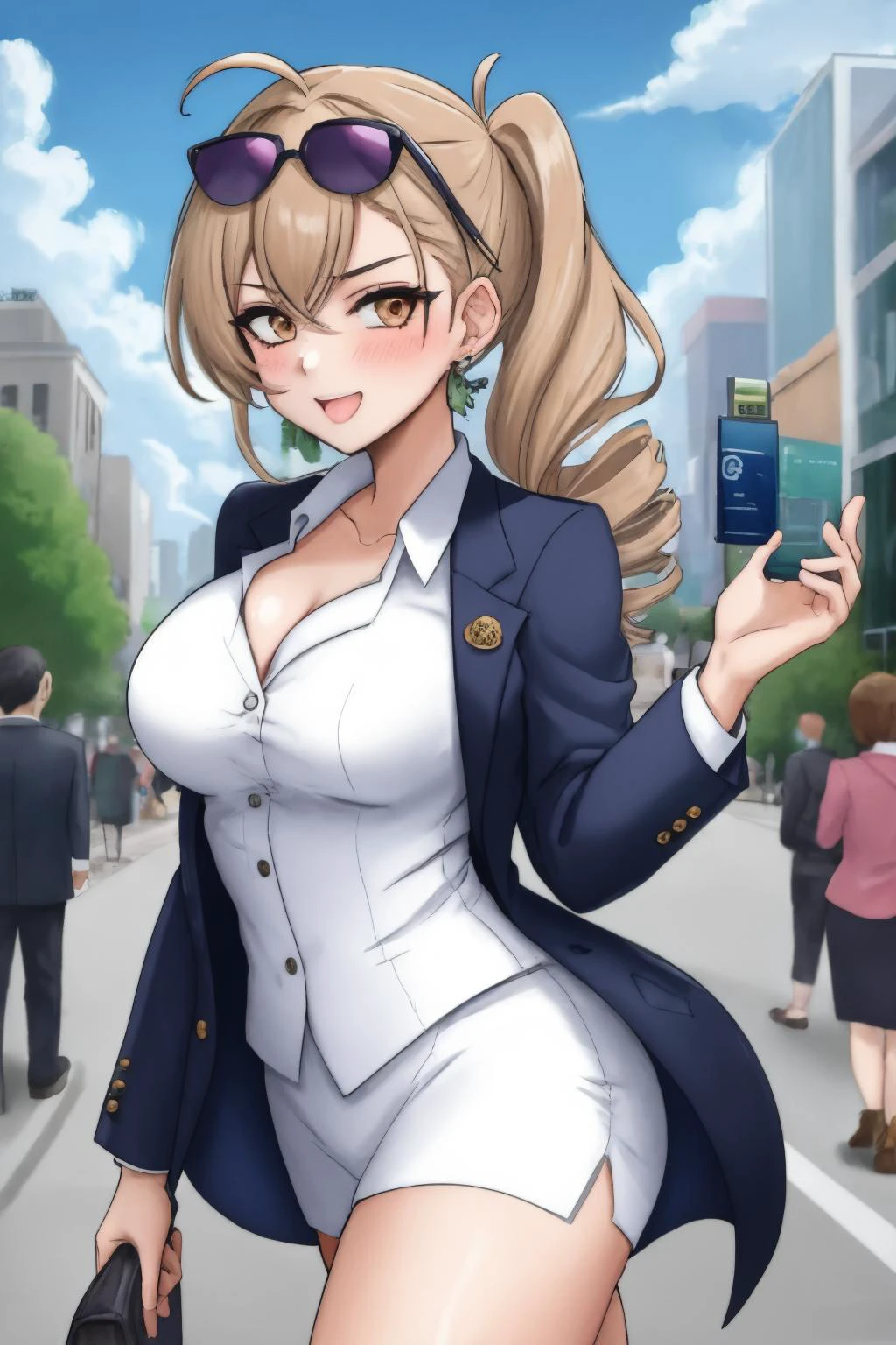 1girl,suit,   in the city,  eyewear on head, 