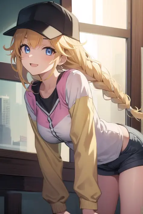 eikotsukimi, eiko tsukimi, blonde hair, braid, baseball cap, twin braids, long hair, smile, multicolored jacket, white shirt, shorts, (medium breast:1.2), BREAK looking at viewer, BREAK outside, BREAK (masterpiece:1.2), best quality, high resolution, unity 8k wallpaper, (illustration:0.8), (beautiful detailed eyes:1.6), extremely detailed face, perfect lighting, extremely detailed CG, (perfect hands, perfect anatomy),