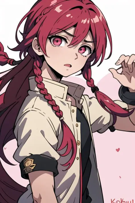 masterpiece, best quality, high quality, 1boy, solo, male focus, looking at viewer, upper body, <lora:kouha_ren:0.56>, kouha_ren, red hair, long hair, pink eyes, braid, gakuran