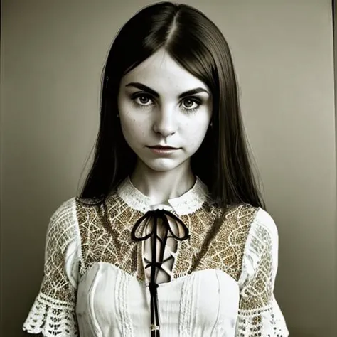 an underexposed photograph of a Mesmerizing young lady looking like svet13 with a Bell-sleeve blouse with a lace-up front and crochet trim