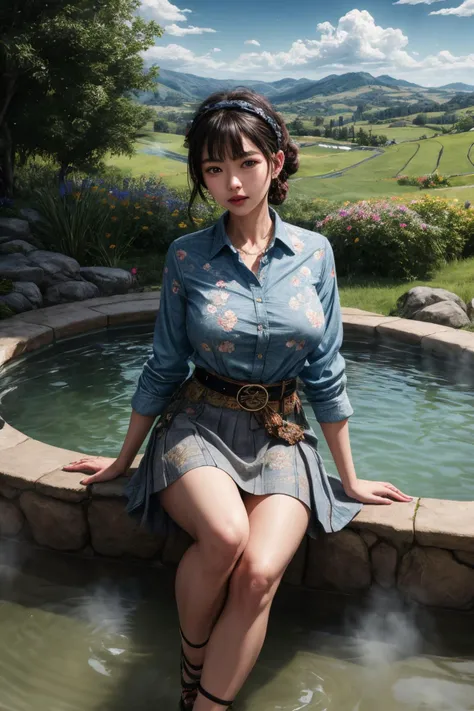 (masterpiece, best quality, ultra-detailed, extremely detailed, intricate details, 8K), 1woman, large breasts, Chambray collared shirt tucked into a floral print flared skirt, accessorized with a statement belt and sandals.,  with a hot spring in the background, serene countryside with rolling hills and farm fields,<lora:Add_detail:1>