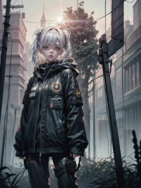 1girl, girl, white Hair, glowing red eyes, looking up at the sky, standing on the sidewalk in the rain, somber expression, fc po...