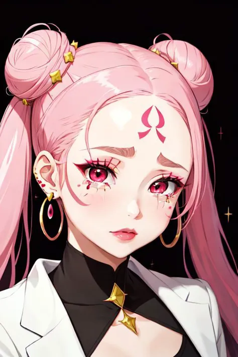 1girl, solo, red eyes, twintails, jewelry, pink hair, earrings, tears, hair bun, double bun, makeup, facial mark, lipstick, cres...