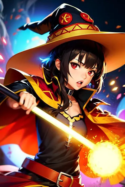 explosionmagic , smoke, glowing aura , excessive energy, magic circles , beam from the sky , casting a spell, <lora:St_Megumin:0...