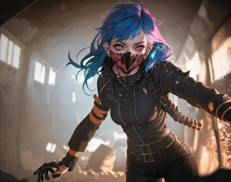 1girl,  jacket, black pants, dirty, cinders, bloom, black hair, somber expression, blood, underground tunel, pink eyes, metal spikes, leather face mask, pale skin, vibrant blue hair, piercings, (ruffles,)
Depth-Of-Field, bokeh, DOF, HDR, High Dynamic Range, Subsurface Scattering, Post-Processing, Anisotropic Filtering, Octane Render, Masterpiece, Best Quality, Extremely Detailed CG, Unity 8k Wallpaper, 3D, detailed background,  mystical,