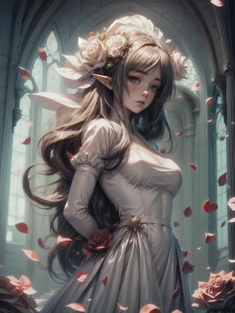 masterpiece, best quality, 1girl, elf bride, white flowing bridal dress, (rose petals:1.3), church, sunbeam, volumetric lighting...