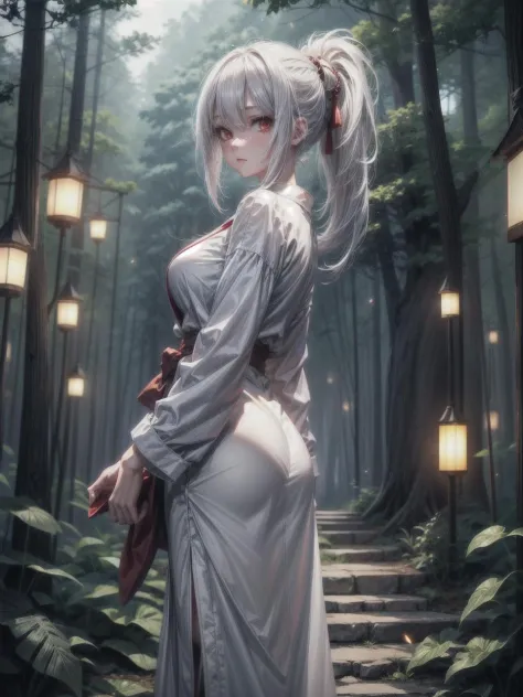 1girl, white hair, ponytail hair, red eyes, large breasts, casual outfit, forest, fireflies, night, happy, looking back, amazed,...