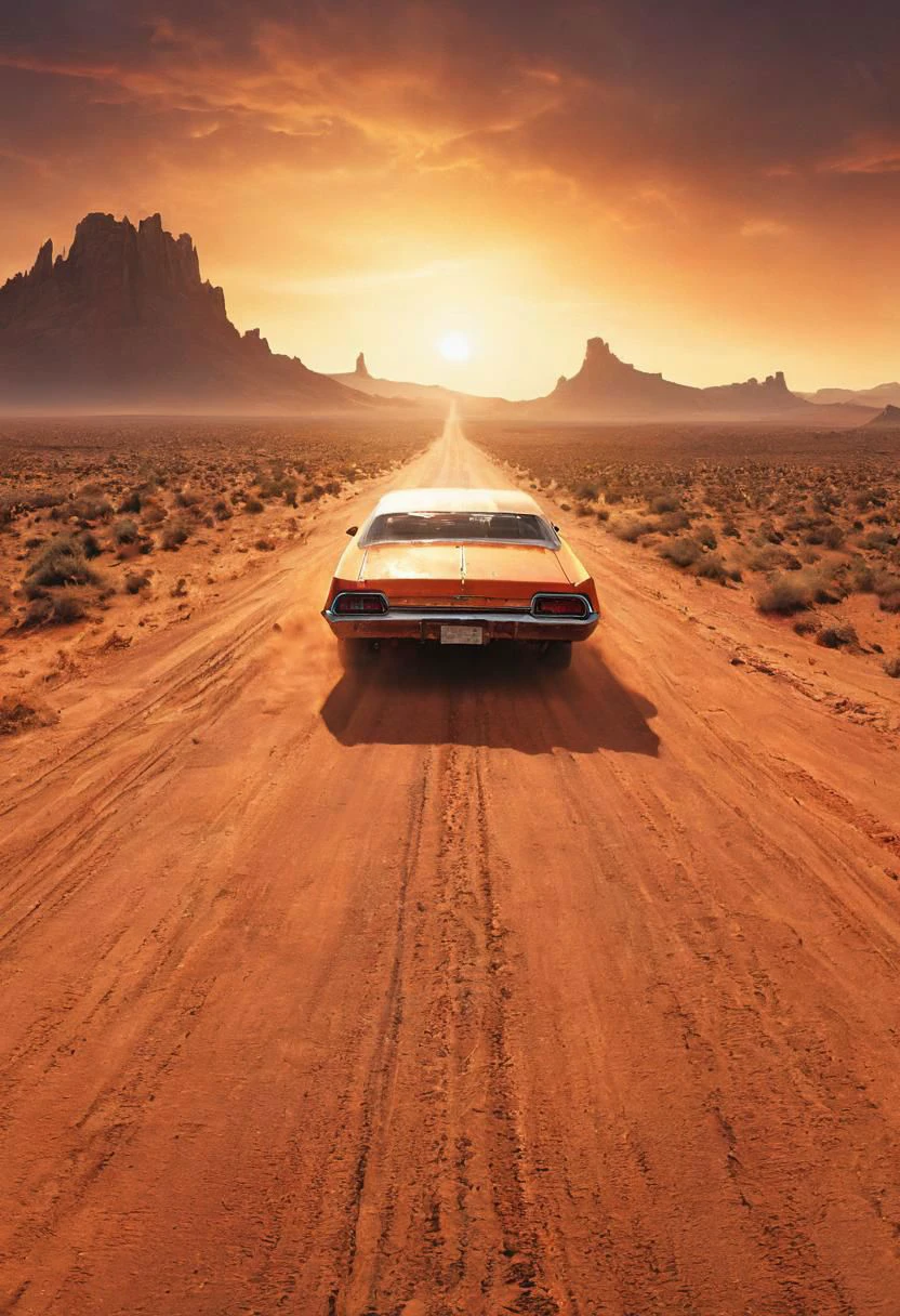 From behind, death proof cover art style, dystopian Desert Dune theme, Oldschool orange Desert Rock lowrider speeding away From atomic blast, flashlight, dust, weathered  dusty road, in translucent moody light, luminous digital letters starwars abyss devouring reality in the Background, dystopian Sci-fi Scene, ethereal, thermal, very detailed, HD,