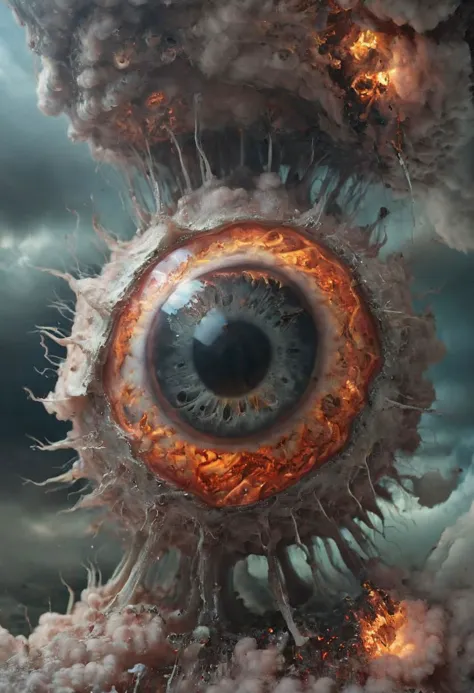 Create a compelling close-up of an eyeball where the reflection in the pupil mirrors a haunting atomic mushroom cloud. Explore t...