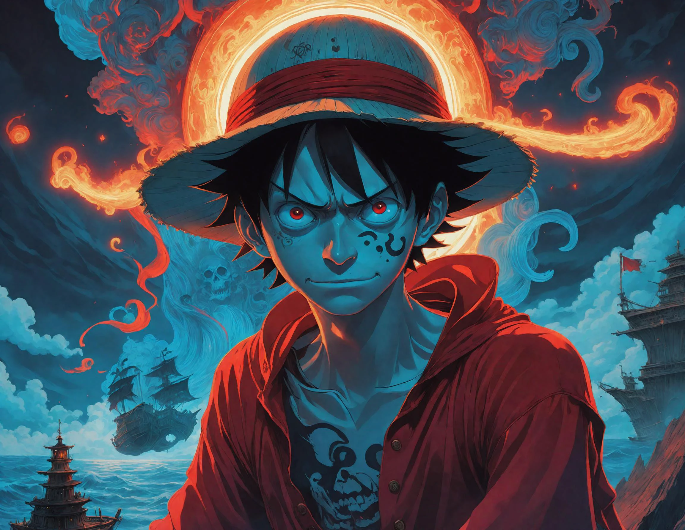 illustration, anime, Monkey D. Luffy, One Piece, vintage, port city, poster, in the style of [james jean], deathcore, [john pitre], detailed atmospheric portraits, oil painting, anime, biopunk, horror art, dark and intricate, unique illustrations, precisionist art, airbrush, mystical landscape, intricate psychedelic, dark azure and red, witchcore