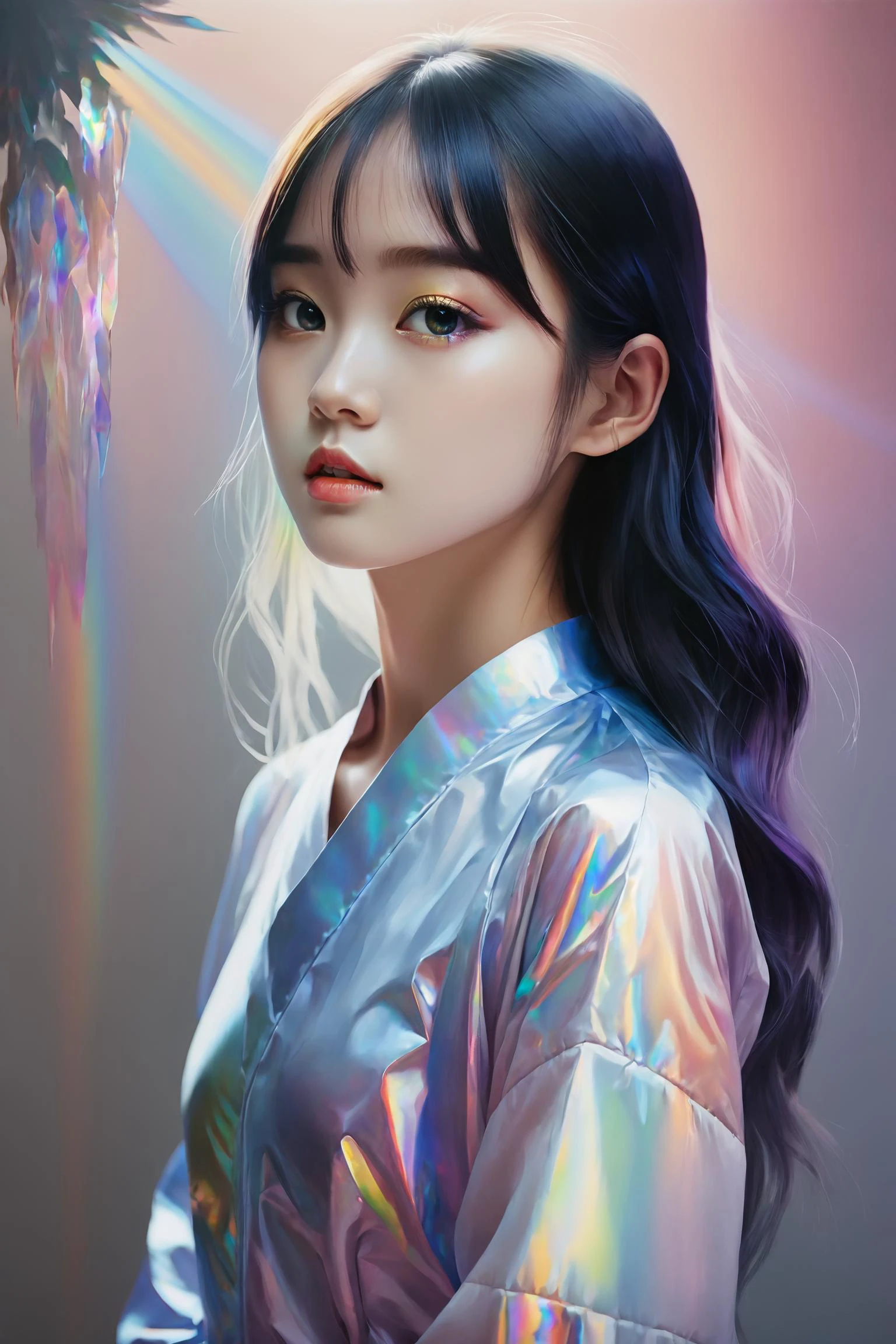 iridescent painting, prismatic, holographic, chromatic aberration,
masterpiece, best quality, 1girl,  asian