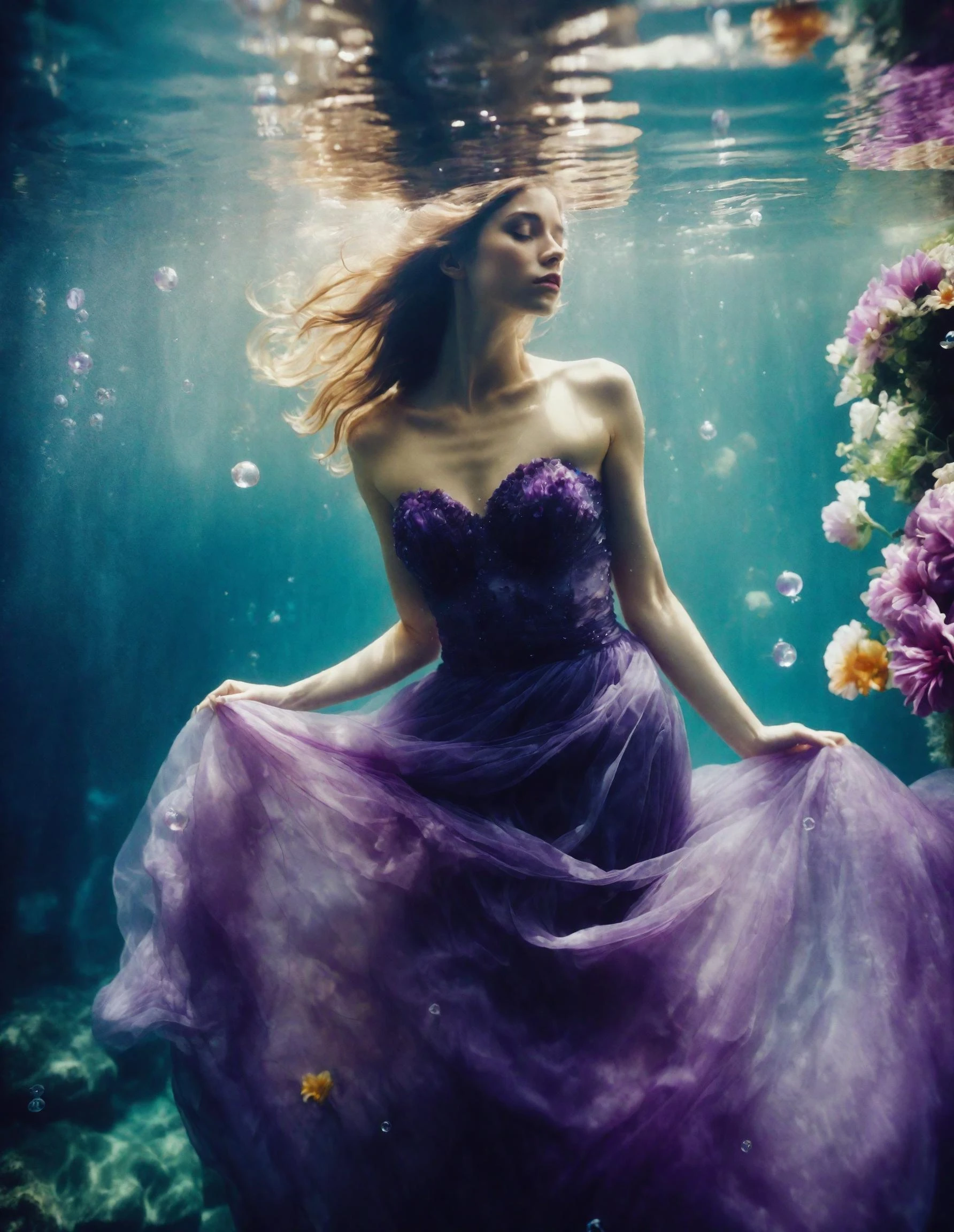 photo brute, (Réaliste:1.5), Sous-marin, closeup of a woman floating Sous-marin, Regarde la caméra, somptueuse robe longue en tulle violet, (rochers submergés en arrière-plan:0.25), bulles d&#39;air dans l&#39;eau, fleurs suspendues dans l&#39;eau, détaillé, complexe, rêver, lumière filtrée par l&#39;eau, lomographie