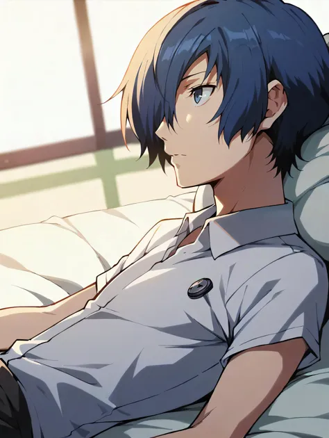 anime boy laying on a bed with his head on a pillow