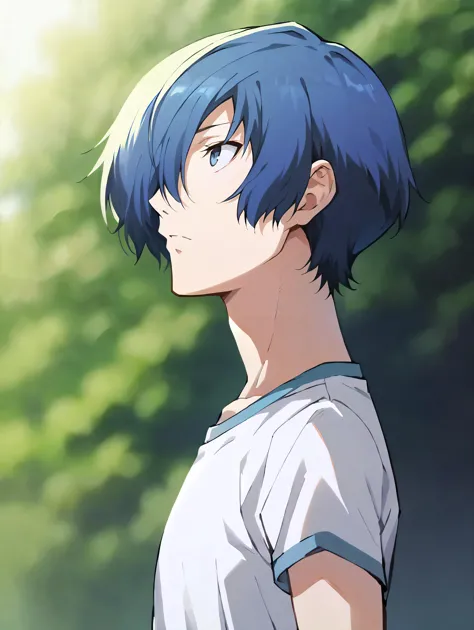 a close up of a person with blue hair and a white shirt