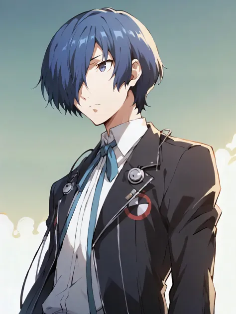 anime boy in a suit and tie standing in front of a cloudy sky