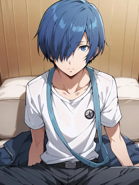 arafed image of a boy with blue hair sitting on a bed