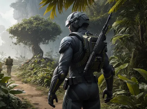 a close up of a person with a gun in a jungle