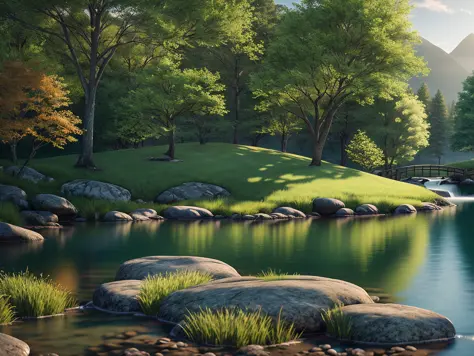 A peaceful place, very pleasant, aesthetic, calm, scenic. photorealistic, 8k uhd, studio quality, ultra realistic, max detail, massive scale, post-processing, realistic, photorealism, photoshop, photography, detailed, cinematic lighting, landscape, panoramic, landscape, raytracing, cinema4d