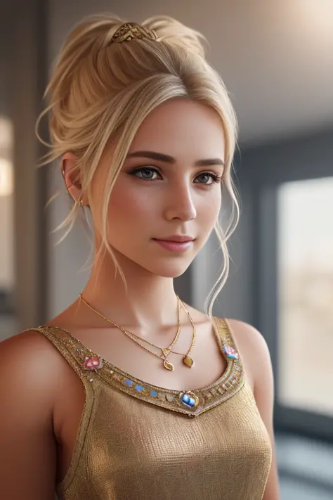 Pretty Instagram Swiss woman, (from_below:1.32) (standing:1.22) blonde hair , short-hair , brown ,jewelry, (full_body:1.4), (realistic:1.4), masterpiece, high quality, realistic lighting, center of frame, 8k, hdr, (freckles:0.86) ,