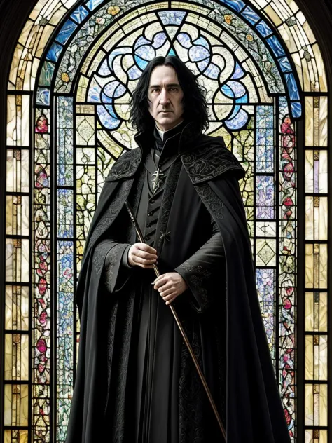 breathtaking detailed painting of severus snape with long cloak in an art nouveau stained glass, by ruan jia, intricate cloak of...